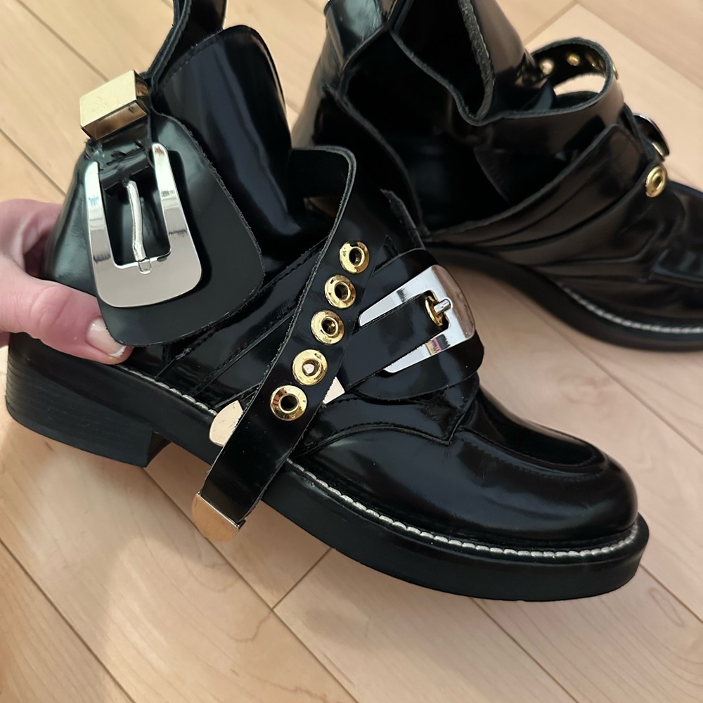 Balenciaga Black Patent Leather Combat Boots with Gold Accents